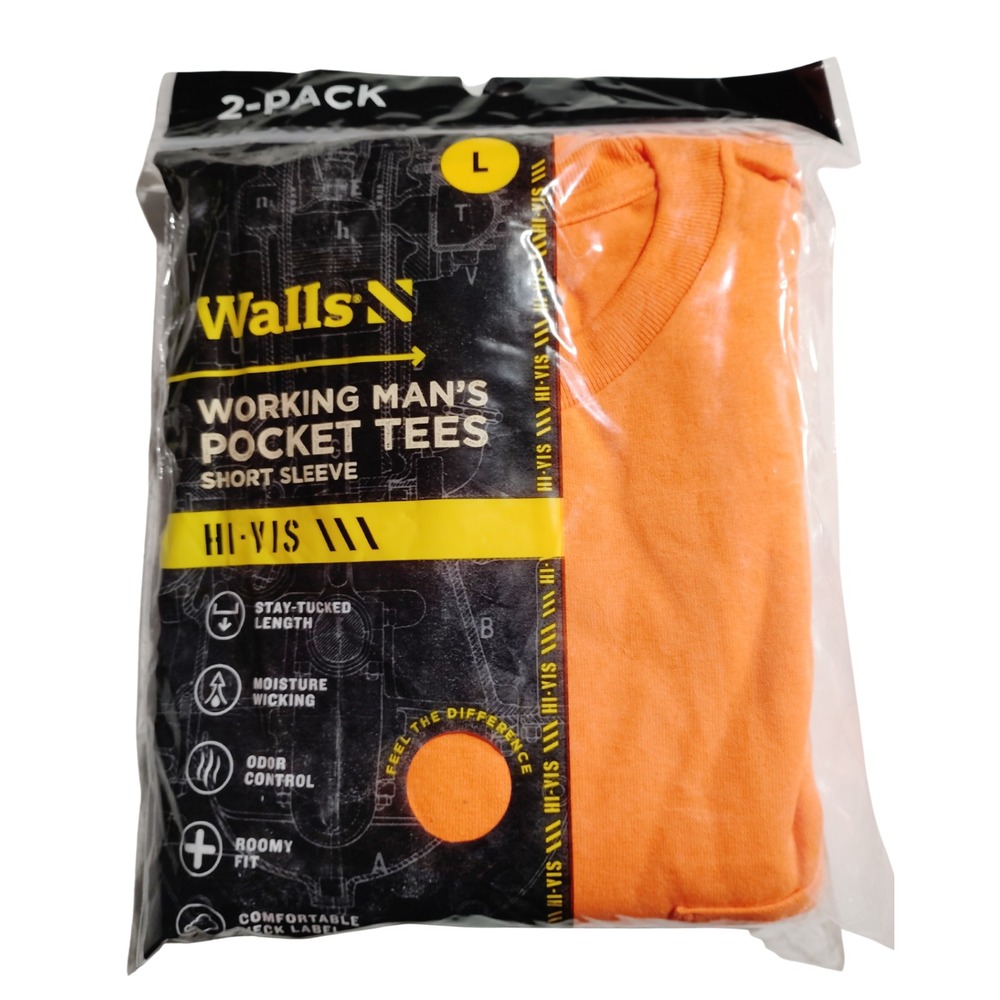 Walls N Working Man's Pocket Tees Short Sleeve Hi-Vis Orange 2-Pack Large New